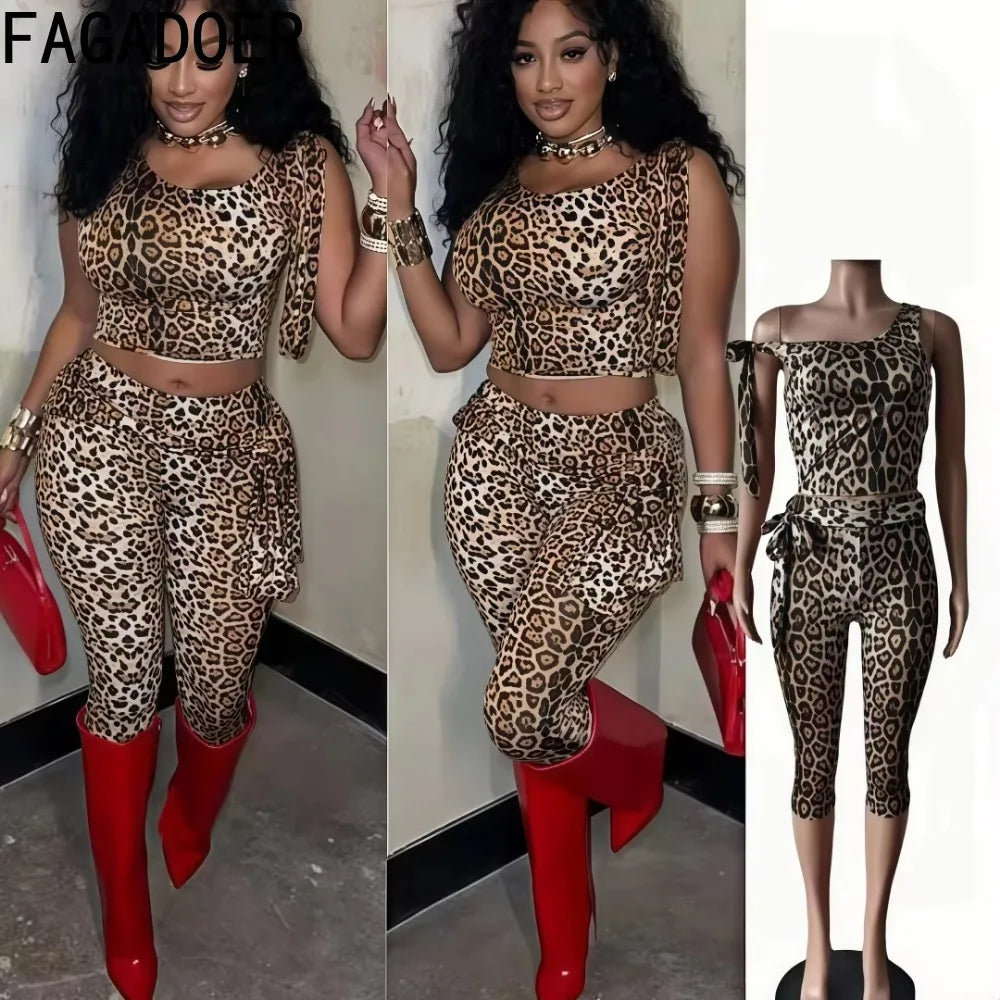 Sexy Leopard Print 2 Piece Sets Sleeveless Crop Top + Pants Suit Streetwear 2025