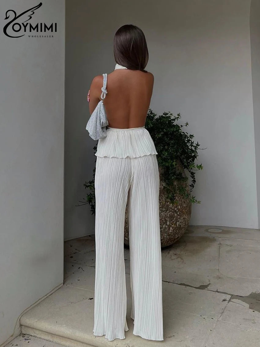 Sexy White Pleated 2 Piece Sets Fashion Sleeveless Backless Tank Top with High Waist Pants Set