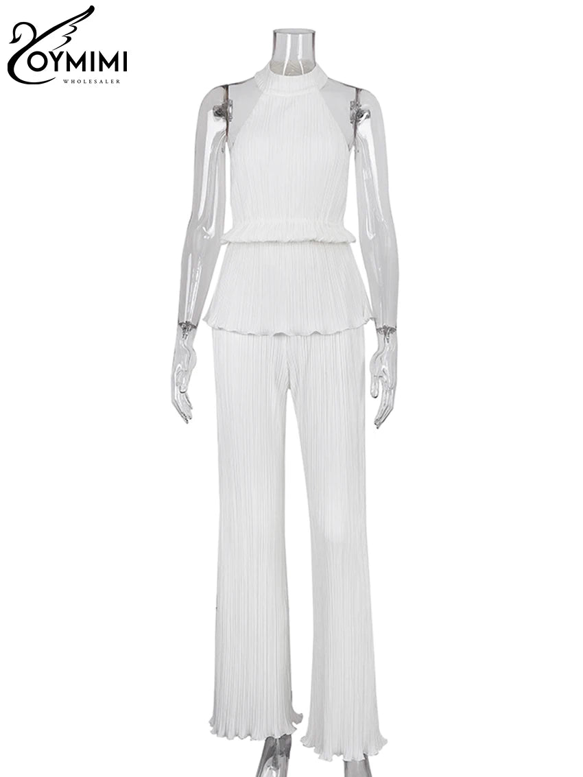 Sexy White Pleated 2 Piece Sets Fashion Sleeveless Backless Tank Top with High Waist Pants Set