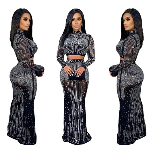 Sexy Sparkling Silver Rhinestone Chain Pearl Transparent Party Evening Dress
