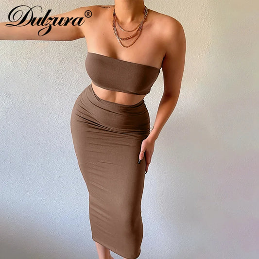 Solid Women's 2 Piece Tube Crop Top Summer Set