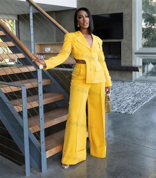 Sexy Yellow Women Suit Pants Set 2 Piece Backless Blazer Lady Double Breasted Jacket
