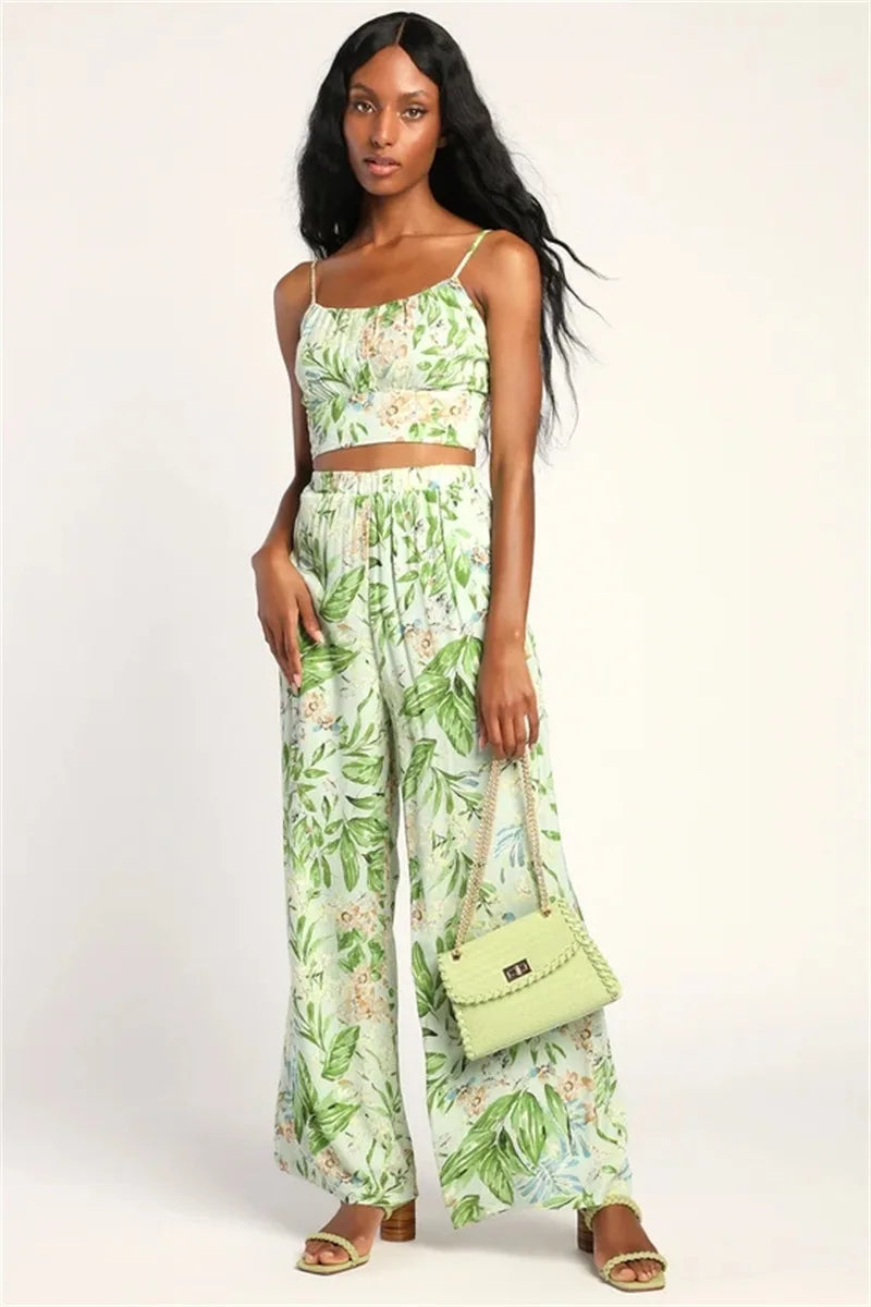 Floral Print Camisole + Wide Leg Pant Summer Suit Backless Sexy Vest Top And High Waist Long Trouser Beach Fashion  2 Piece Set