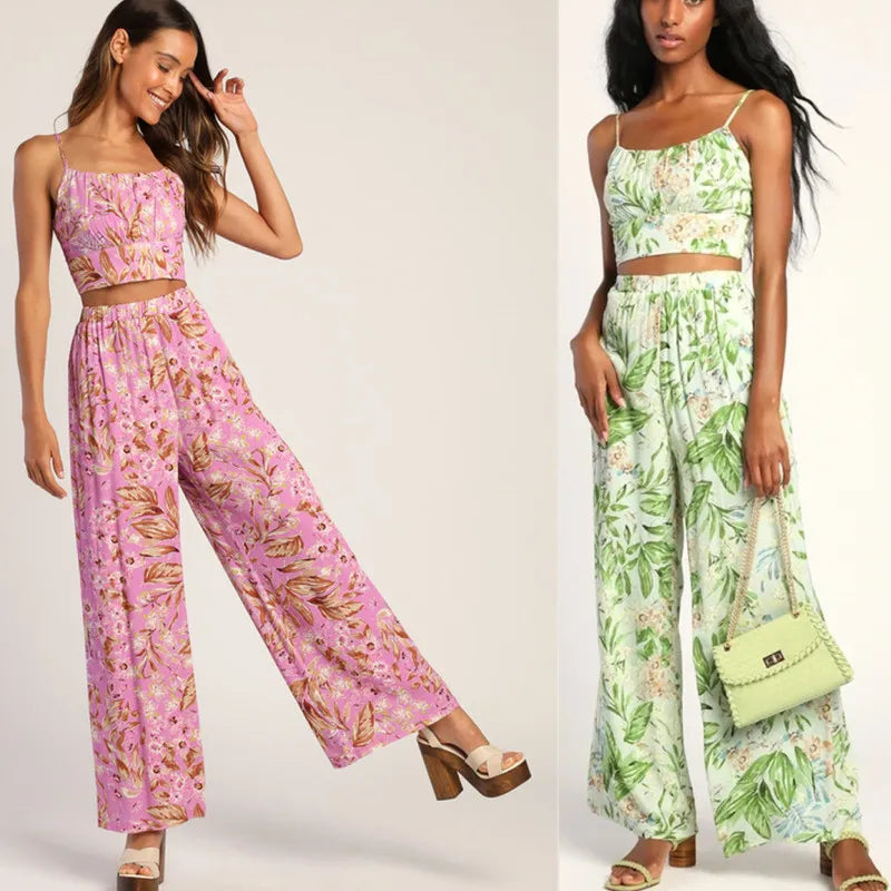 Floral Print Camisole + Wide Leg Pant Summer Suit Backless Sexy Vest Top And High Waist Long Trouser Beach Fashion  2 Piece Set