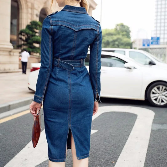 Vintage Button Up Blue Jeans Denim Dress Slim Long Sleeve