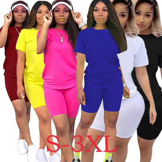 Women Skinny 2 Piece Set Jogging Short T-shirt Solid Sportswear