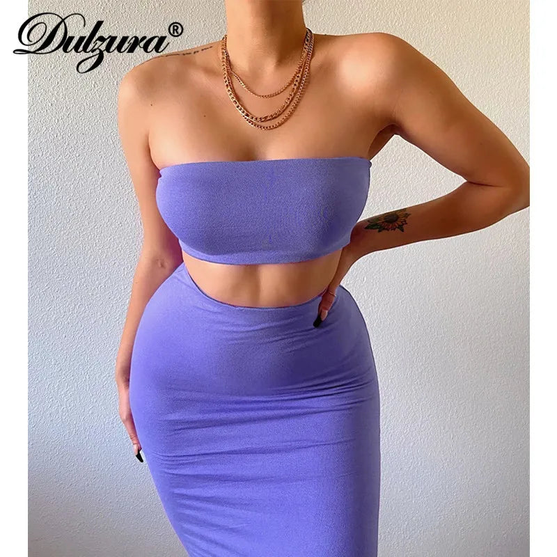 Solid Women's 2 Piece Tube Crop Top Summer Set