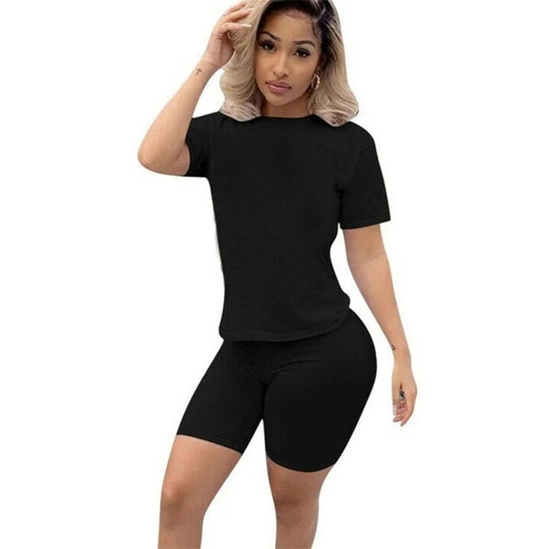 Women Skinny 2 Piece Set Jogging Short T-shirt Solid Sportswear