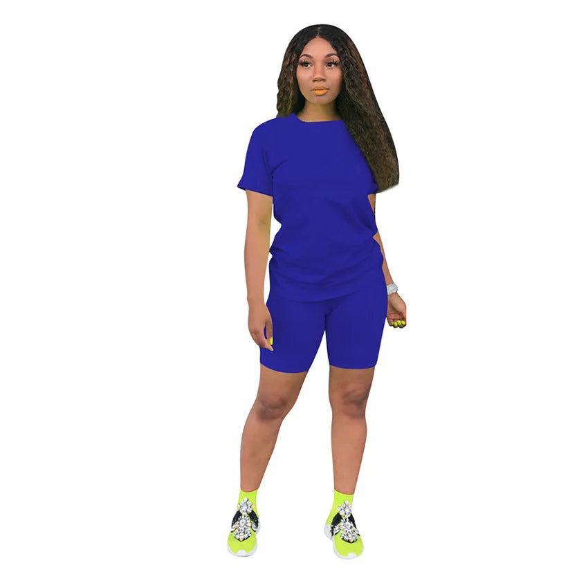 Women Skinny 2 Piece Set Jogging Short T-shirt Solid Sportswear