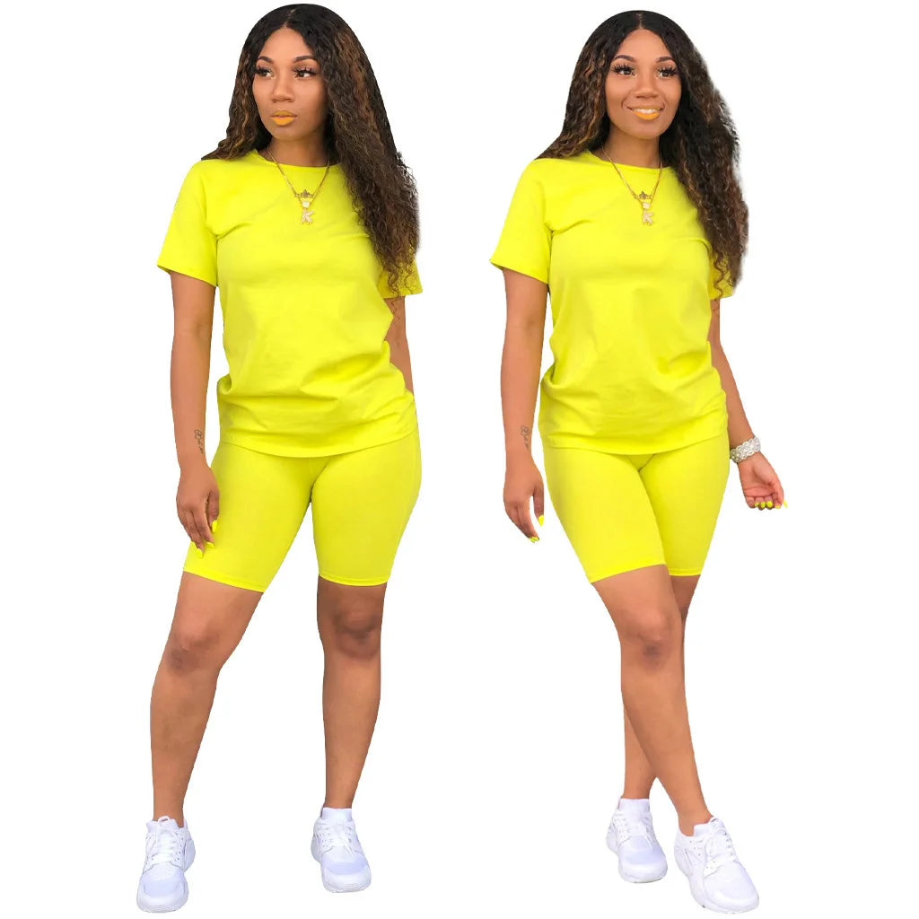Women Skinny 2 Piece Set Jogging Short T-shirt Solid Sportswear