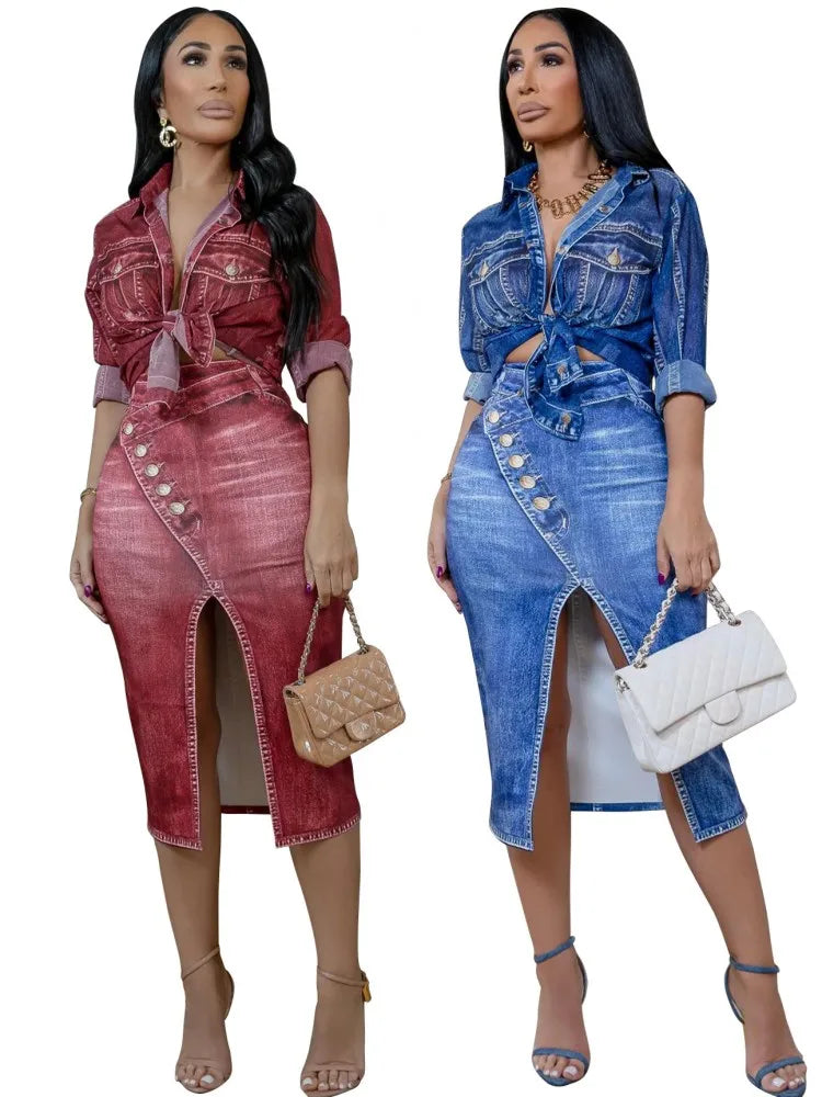 2 Pieces Set Sexy Autumn Fashion Shirt and Skirts set
