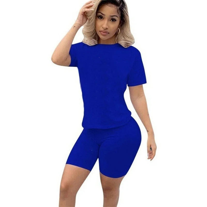 Women Skinny 2 Piece Set Jogging Short T-shirt Solid Sportswear