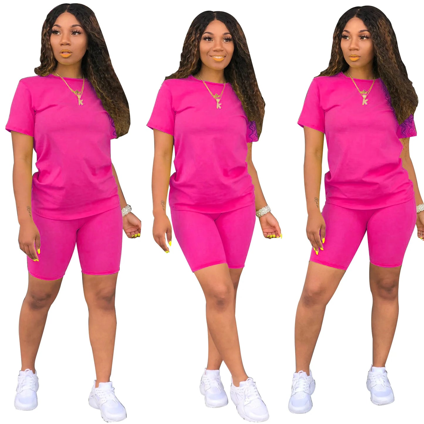 Women Skinny 2 Piece Set Jogging Short T-shirt Solid Sportswear