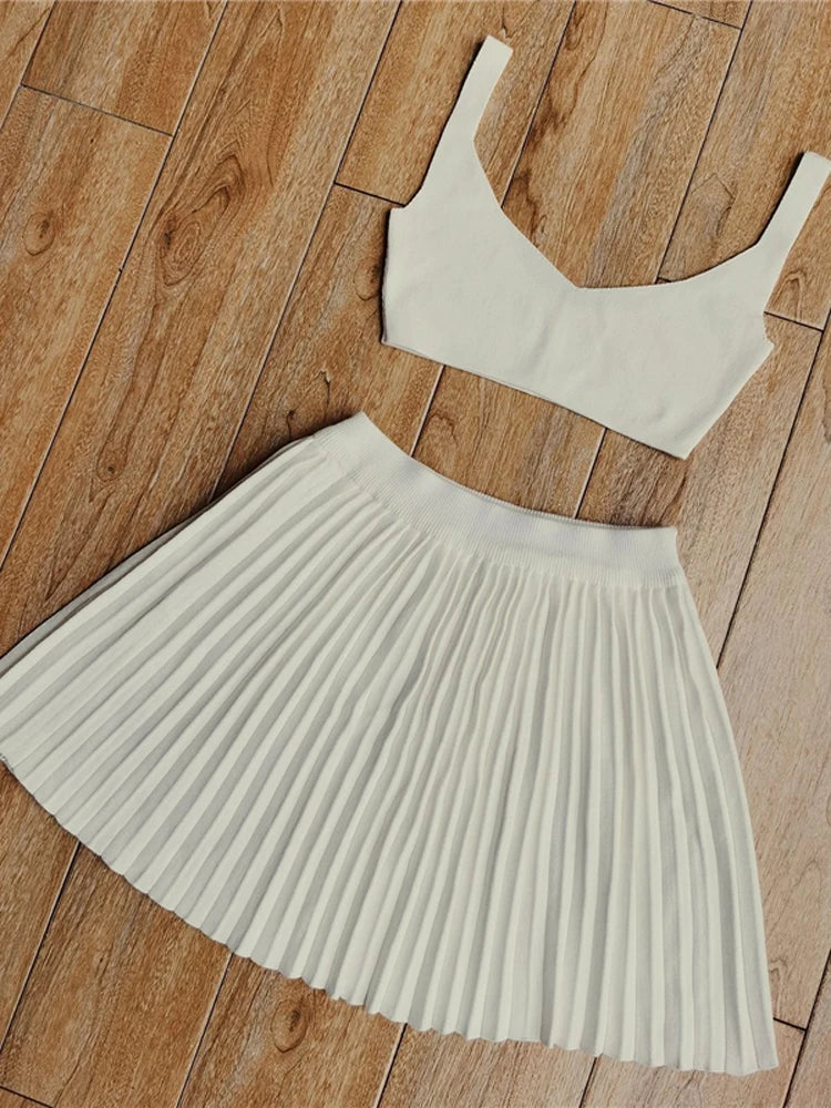 Tossy Summer Sleeveless Tank Top And Mini Pleated Skirt Knit Set Women 2 Piece Dress Sets