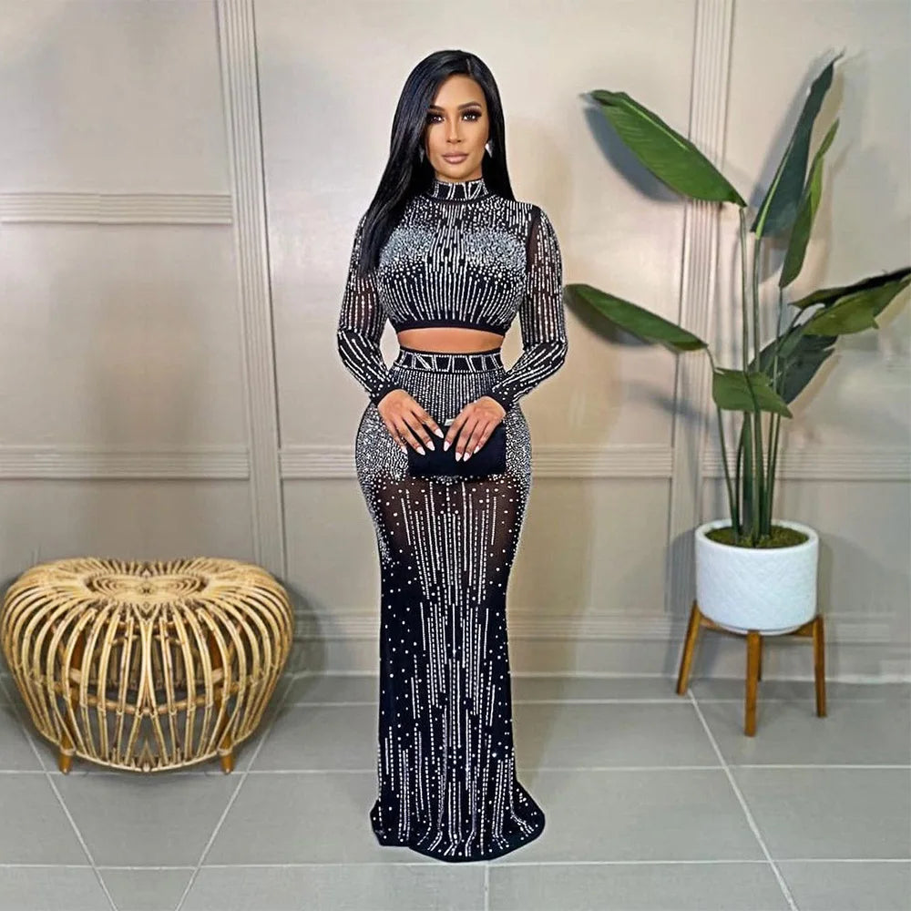 Sexy Sparkling Silver Rhinestone Chain Pearl Transparent Party Evening Dress