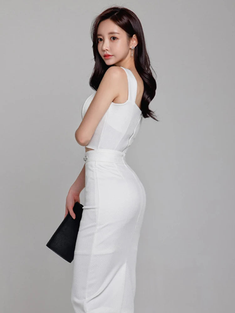 Summer White Sexy 2 Pieces Outfits Elegant Women Chic Strap Short Cropped Tops Shirt Blouse High Waist Midi Skirt Mujer Slim Set