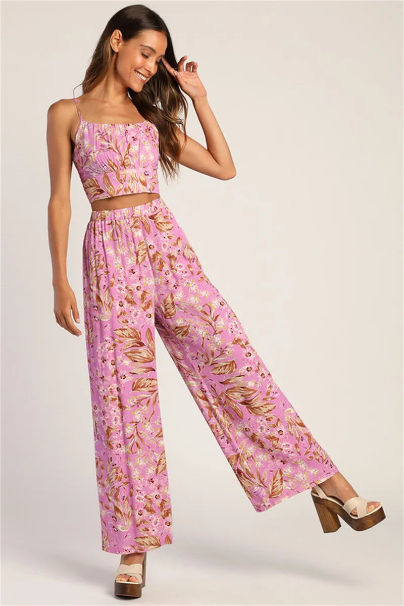 Floral Print Camisole + Wide Leg Pant Summer Suit Backless Sexy Vest Top And High Waist Long Trouser Beach Fashion  2 Piece Set