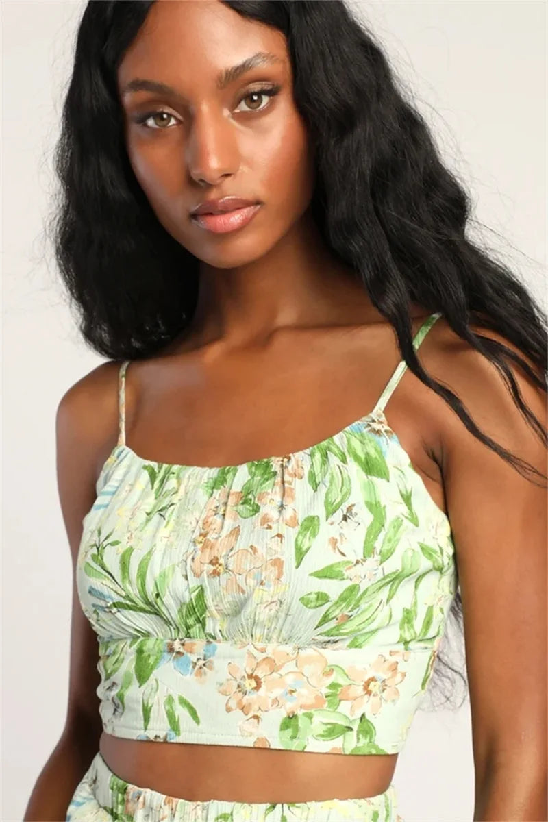 Floral Print Camisole + Wide Leg Pant Summer Suit Backless Sexy Vest Top And High Waist Long Trouser Beach Fashion  2 Piece Set