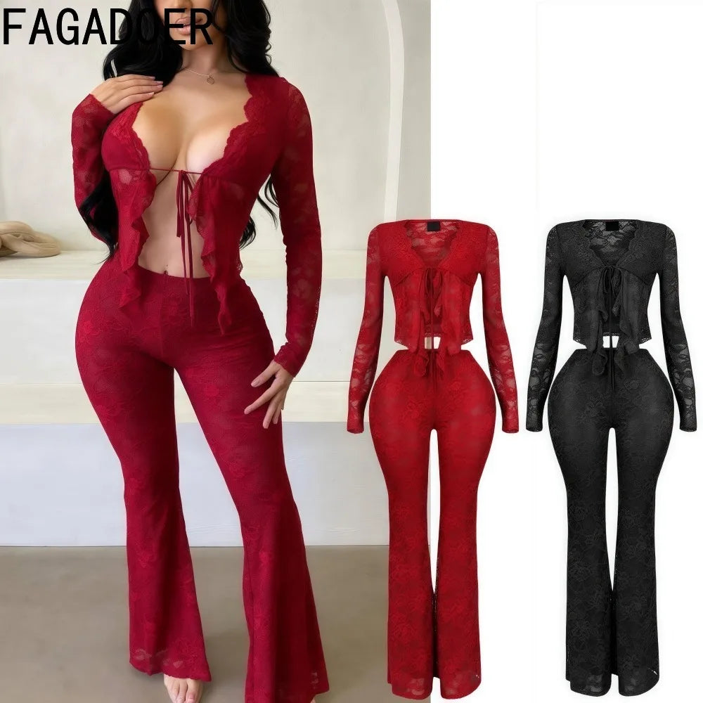 Long Sleeve Lace Up Crop Top + Bodycon Pants Suits Female Streetwear New
