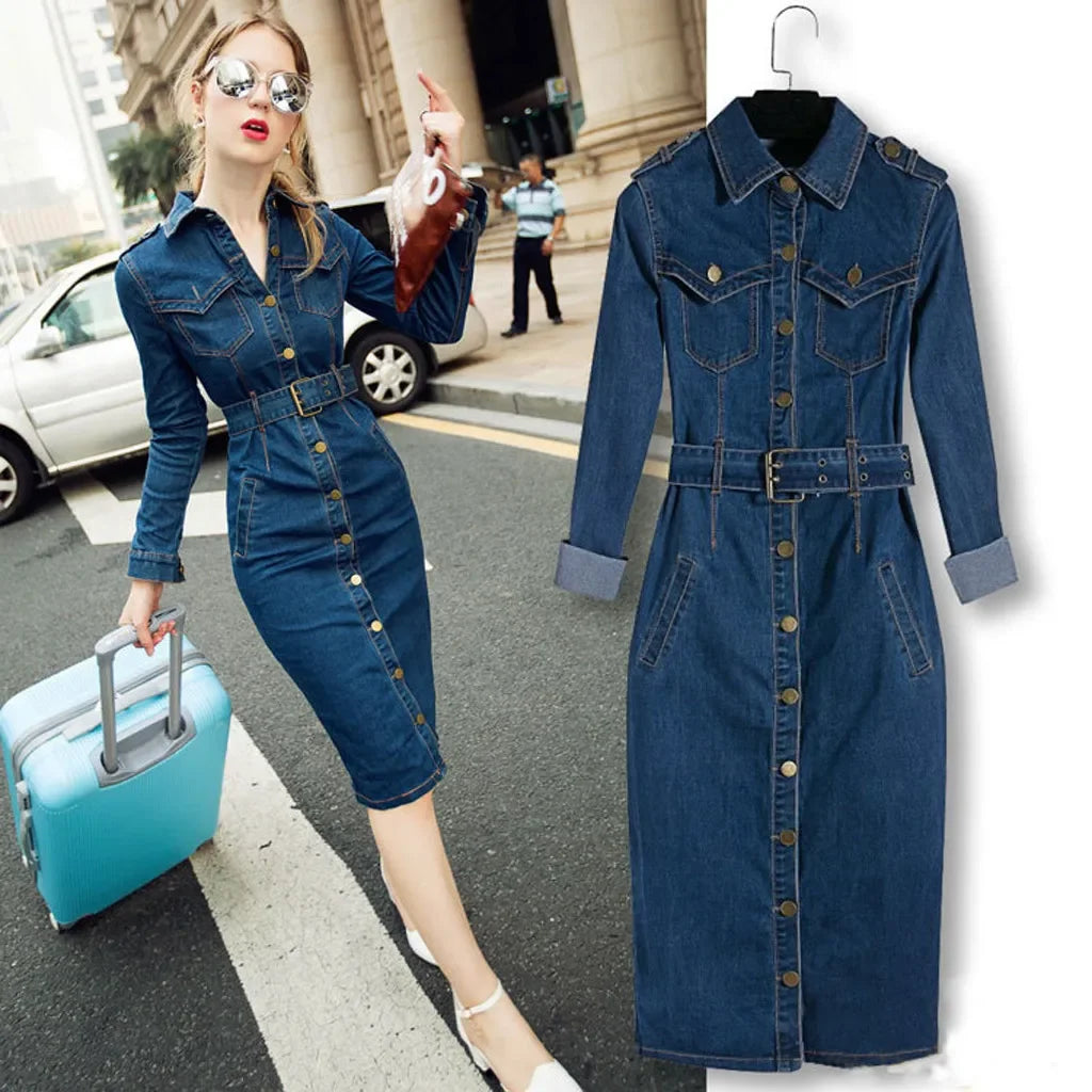 Vintage Button Up Blue Jeans Denim Dress Slim Long Sleeve