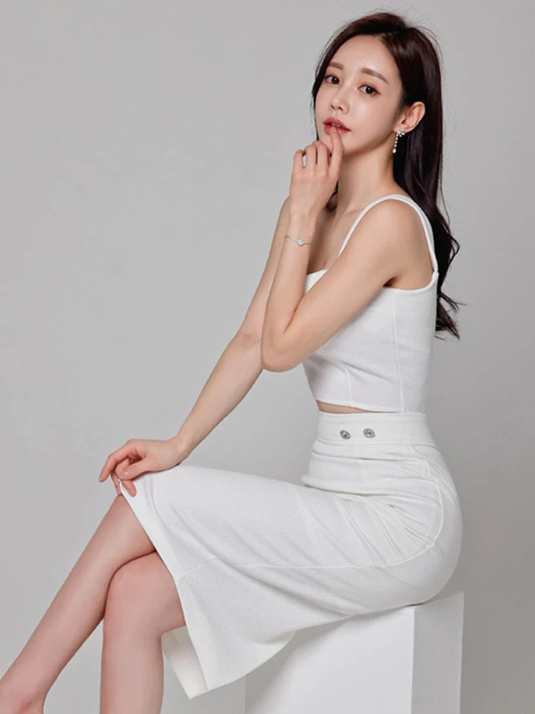 Summer White Sexy 2 Pieces Outfits Elegant Women Chic Strap Short Cropped Tops Shirt Blouse High Waist Midi Skirt Mujer Slim Set
