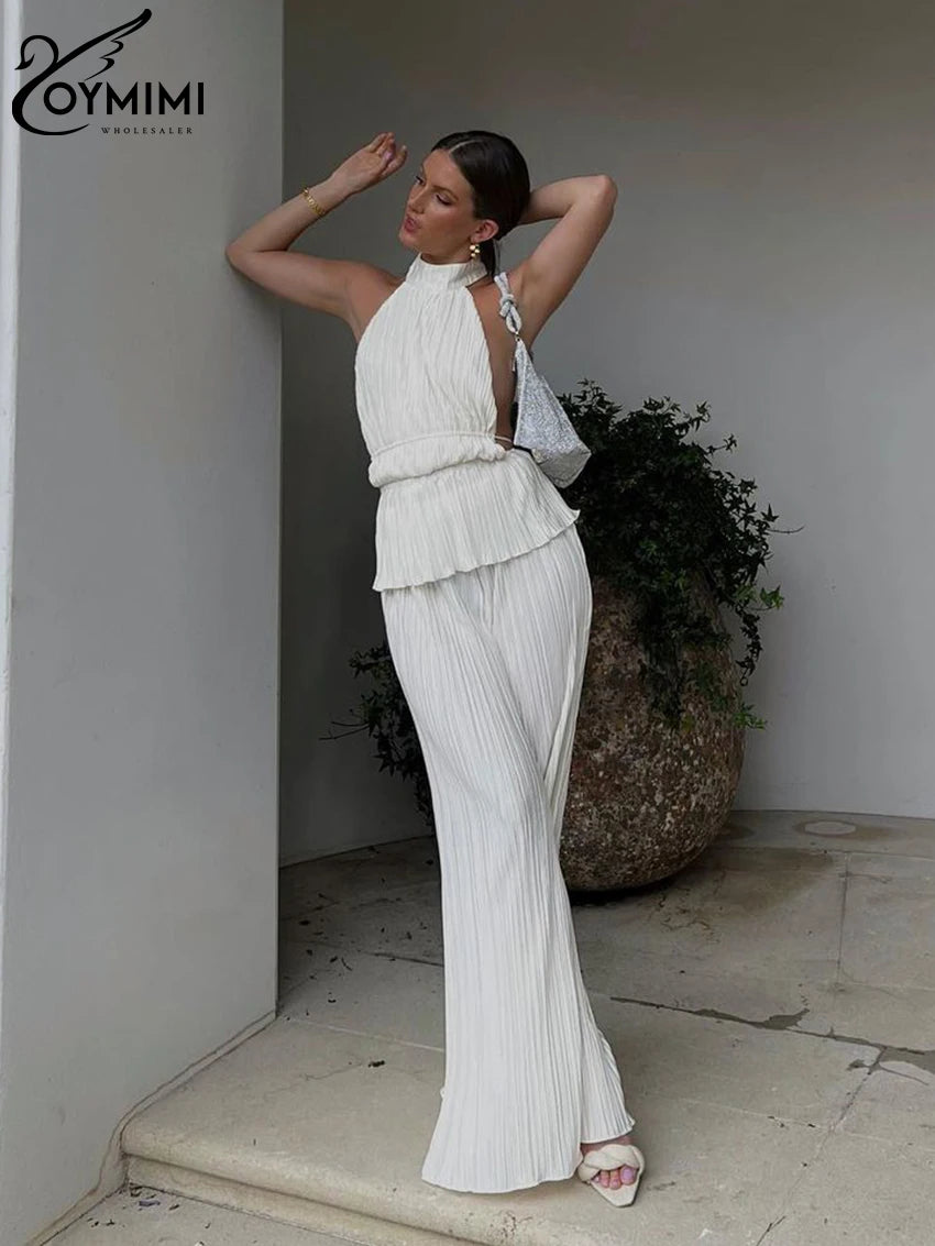 Sexy White Pleated 2 Piece Sets Fashion Sleeveless Backless Tank Top with High Waist Pants Set