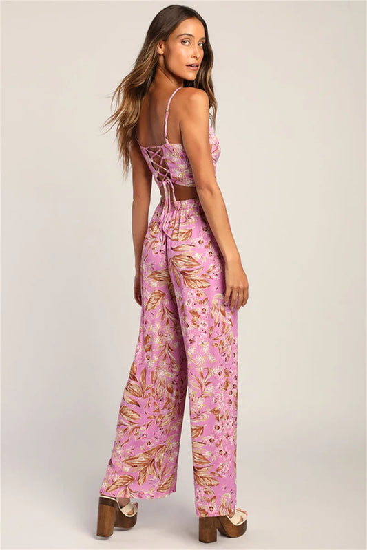 Floral Print Camisole + Wide Leg Pant Summer Suit Backless Sexy Vest Top And High Waist Long Trouser Beach Fashion  2 Piece Set