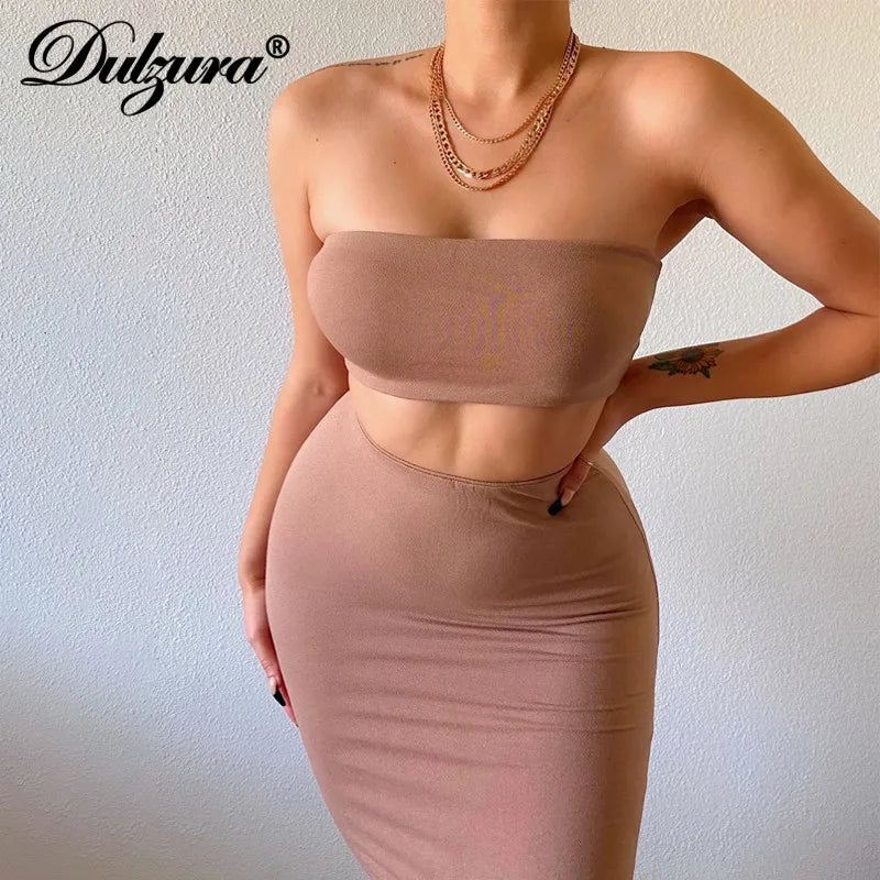 Solid Women's 2 Piece Tube Crop Top Summer Set