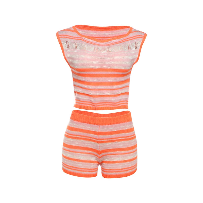 Summer Crochet Women 2 Piece Set Thin Sexy Beach Vacation Tank Tops Shorts Set Outfits