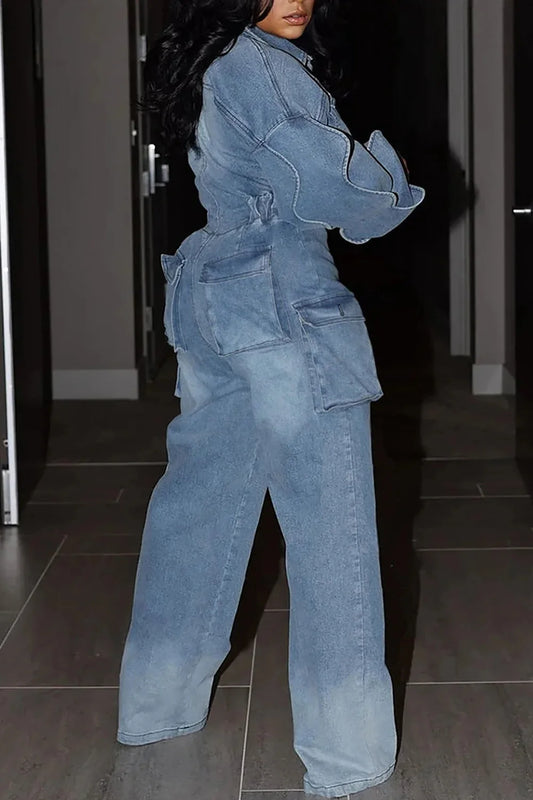 Women's Casual Denim Jumpsuit with Puff Sleeve Zipper Jeans for Plus Size Outfit