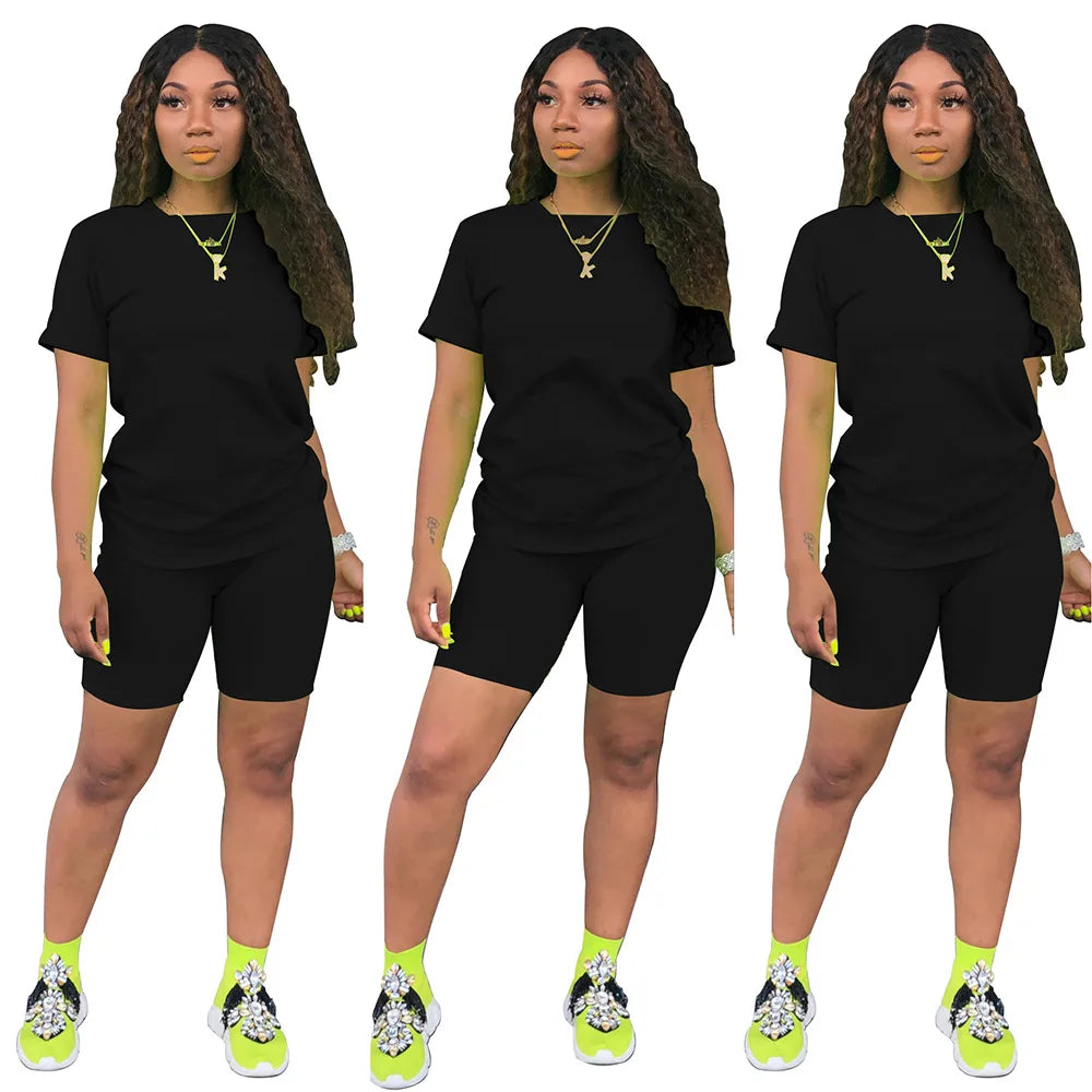 Women Skinny 2 Piece Set Jogging Short T-shirt Solid Sportswear