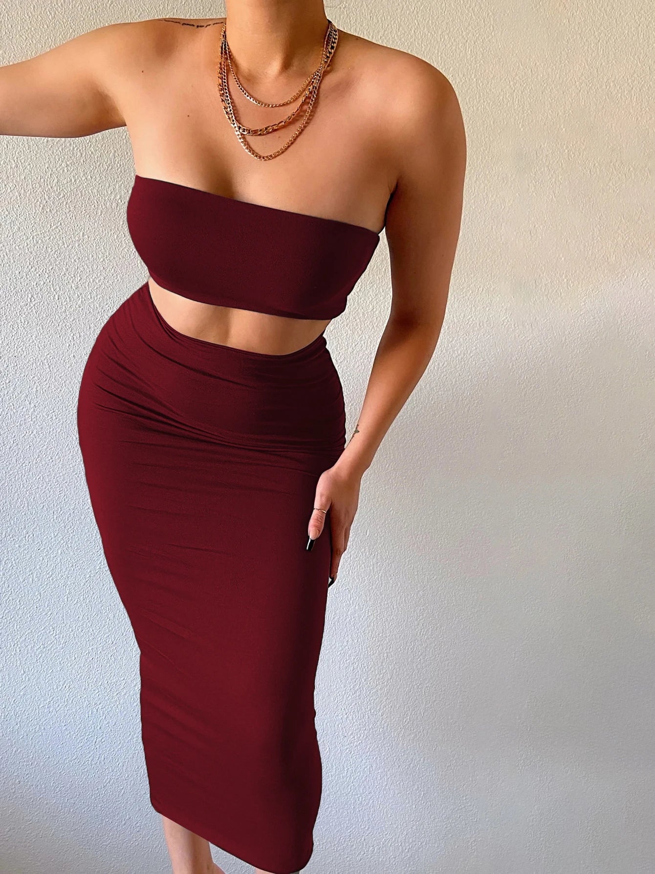 Solid Women's 2 Piece Tube Crop Top Summer Set