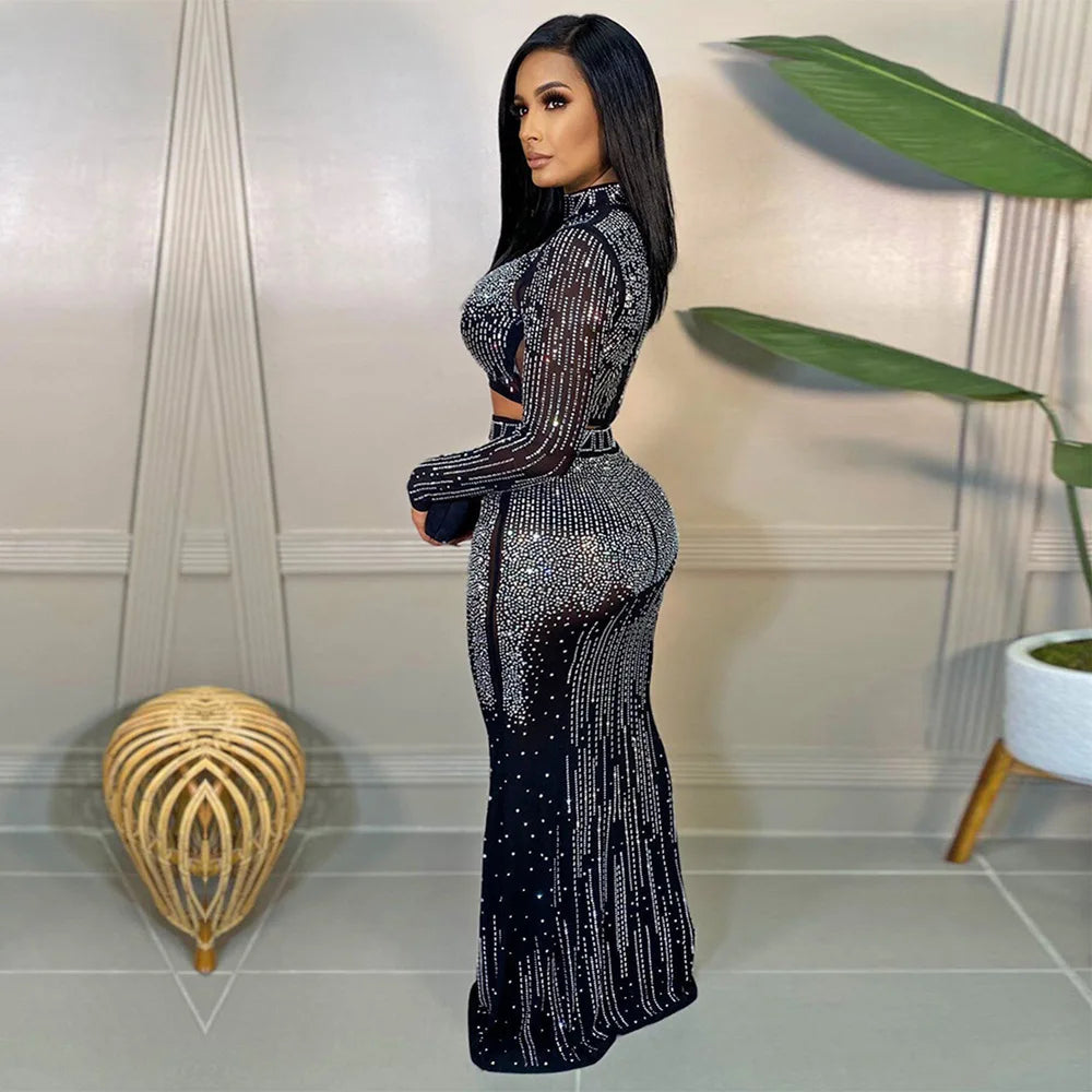 Sexy Sparkling Silver Rhinestone Chain Pearl Transparent Party Evening Dress