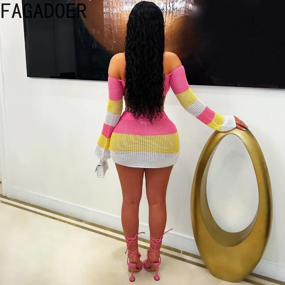 FAGADOER Rainbow Sexy Knit 2 Piece Outfit Set 2025 Beachwear