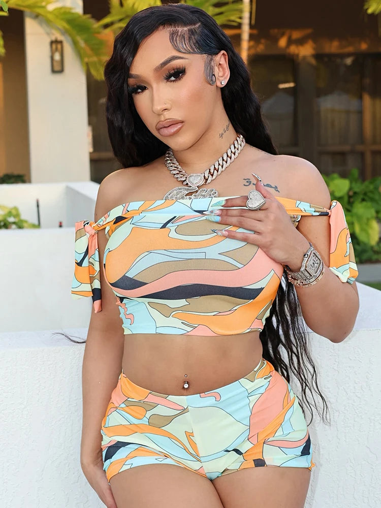 Colorful Crop Top + Stretch Print 2 Piece Short Set for Women