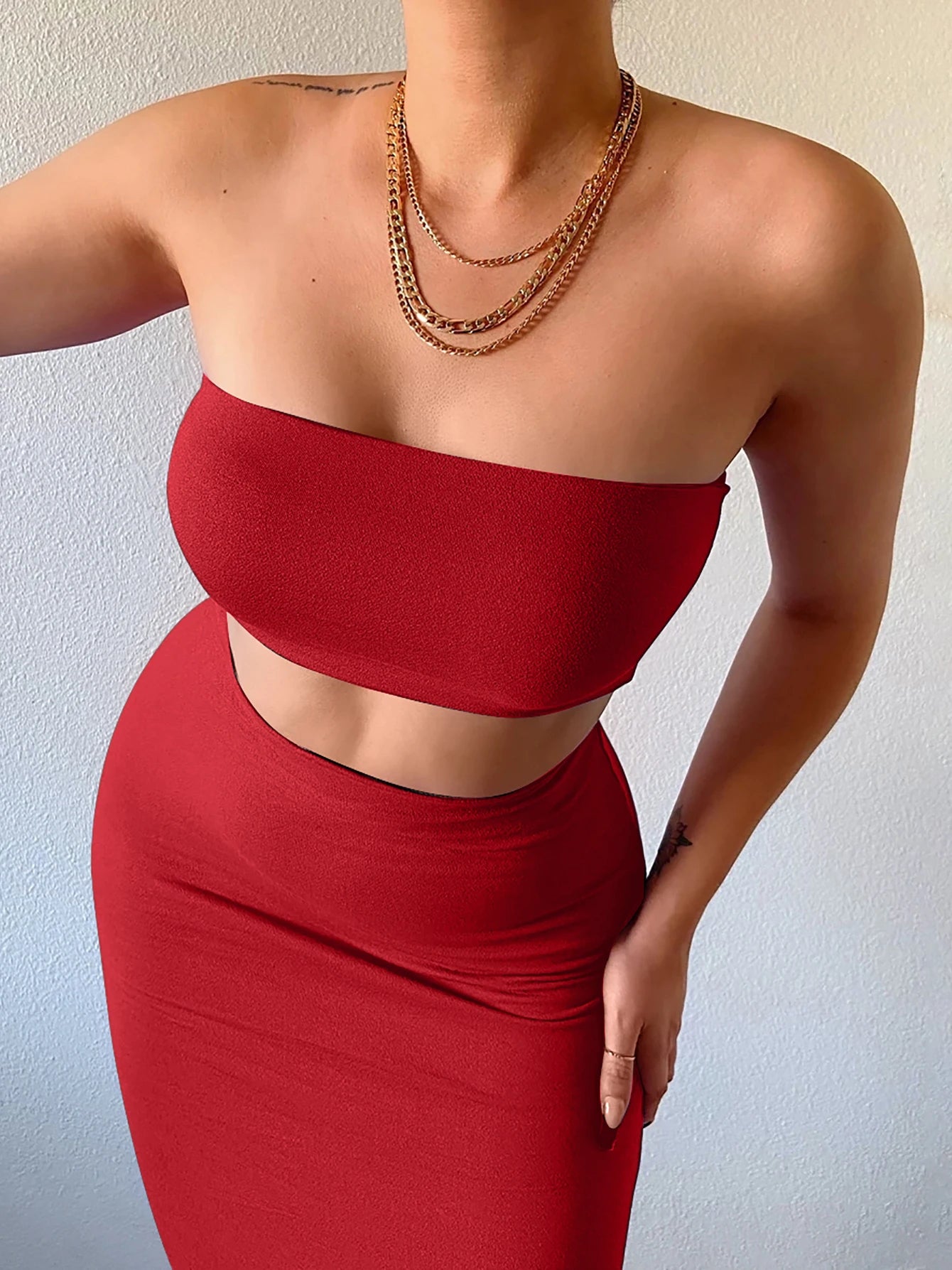 Solid Women's 2 Piece Tube Crop Top Summer Set