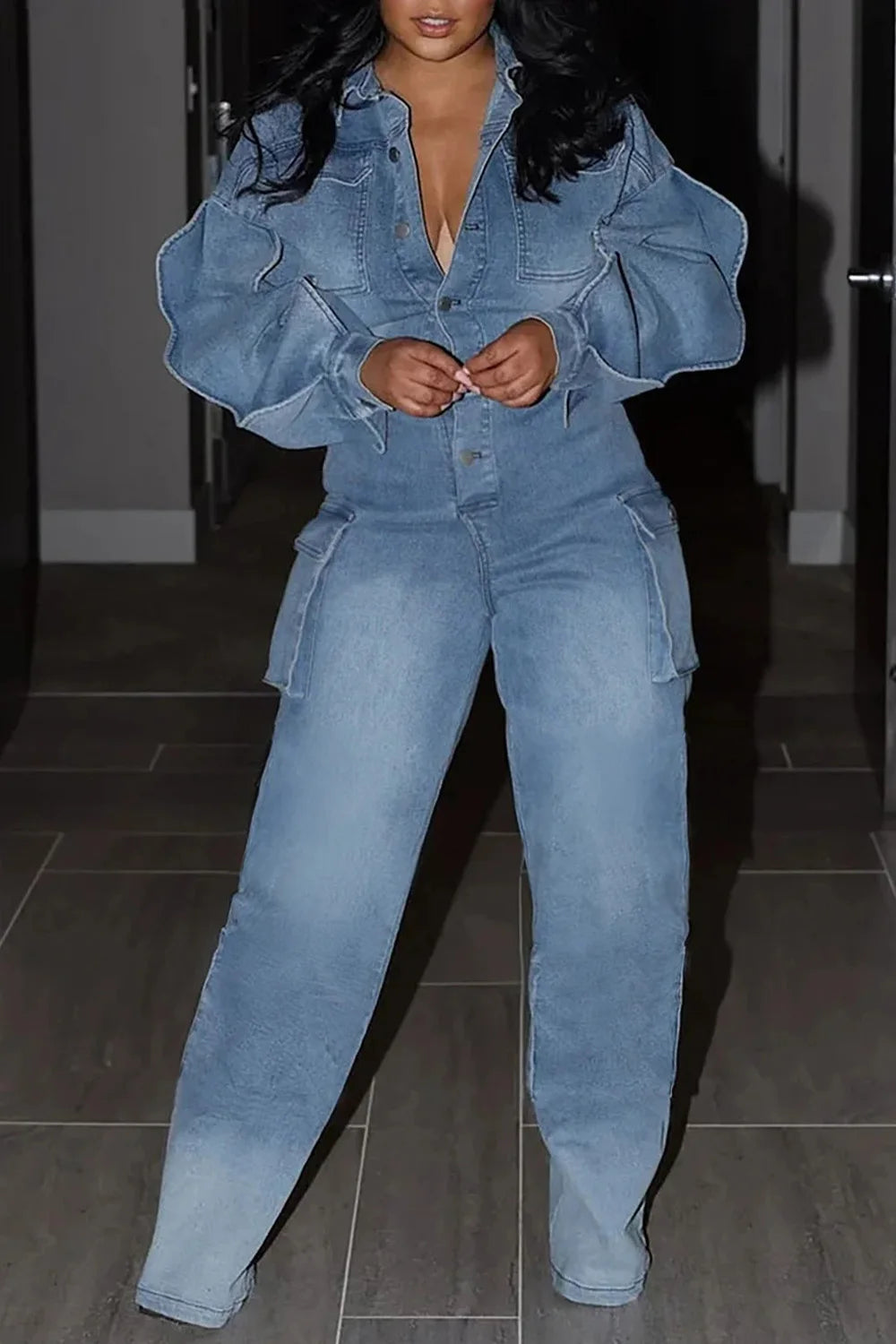 Women's Casual Denim Jumpsuit with Puff Sleeve Zipper Jeans for Plus Size Outfit