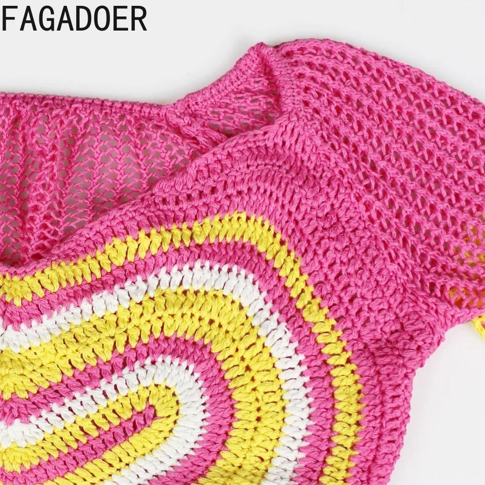 FAGADOER Rainbow Sexy Knit 2 Piece Outfit Set 2025 Beachwear