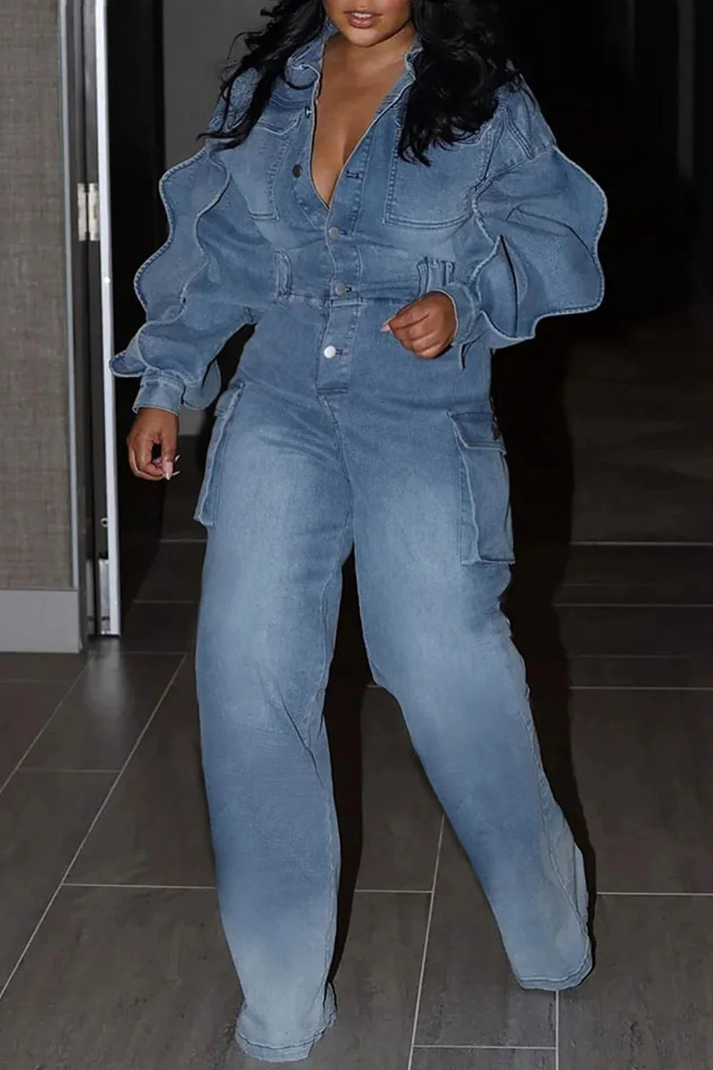 Women's Casual Denim Jumpsuit with Puff Sleeve Zipper Jeans for Plus Size Outfit