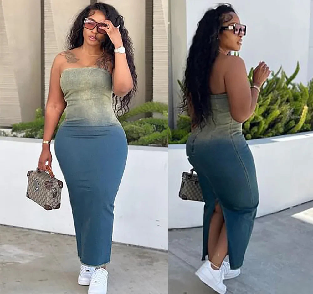 Gradient Denim Fashion Dress Long and Sleeveless