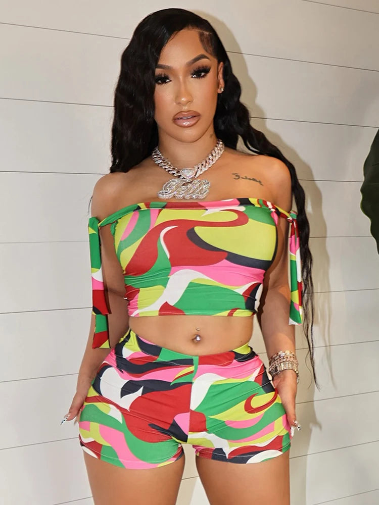 Colorful Crop Top + Stretch Print 2 Piece Short Set for Women