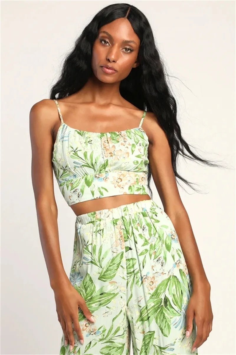 Floral Print Camisole + Wide Leg Pant Summer Suit Backless Sexy Vest Top And High Waist Long Trouser Beach Fashion  2 Piece Set