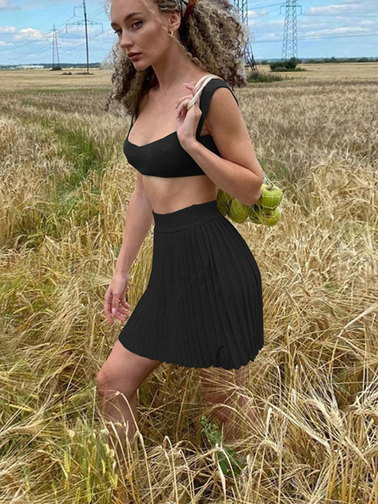 Tossy Summer Sleeveless Tank Top And Mini Pleated Skirt Knit Set Women 2 Piece Dress Sets