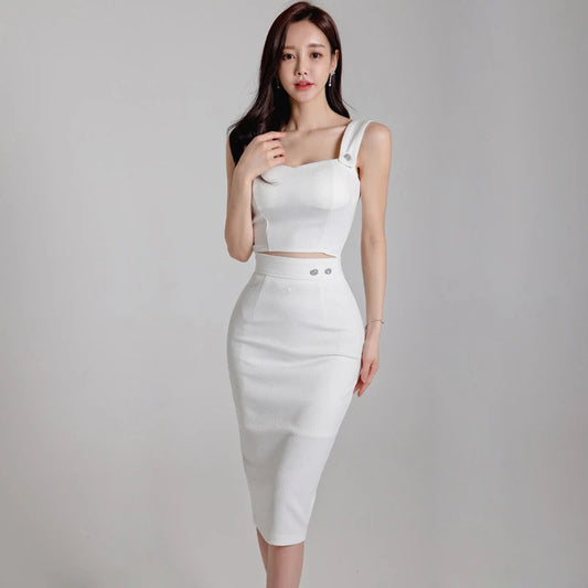 Summer White Sexy 2 Pieces Outfits Elegant Women Chic Strap Short Cropped Tops Shirt Blouse High Waist Midi Skirt Mujer Slim Set