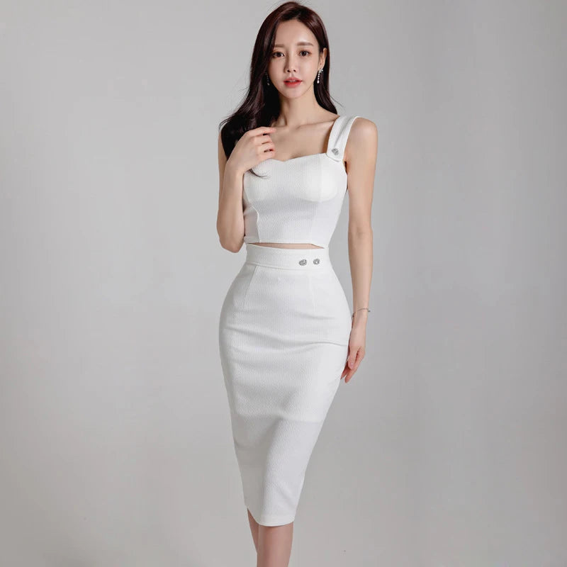 Summer White Sexy 2 Pieces Outfits Elegant Women Chic Strap Short Cropped Tops Shirt Blouse High Waist Midi Skirt Mujer Slim Set
