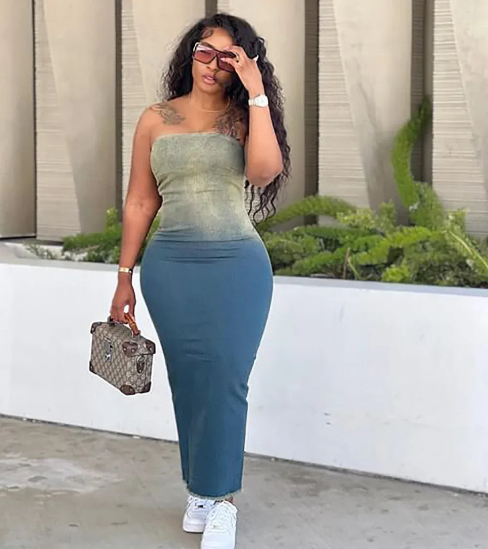 Gradient Denim Fashion Dress Long and Sleeveless