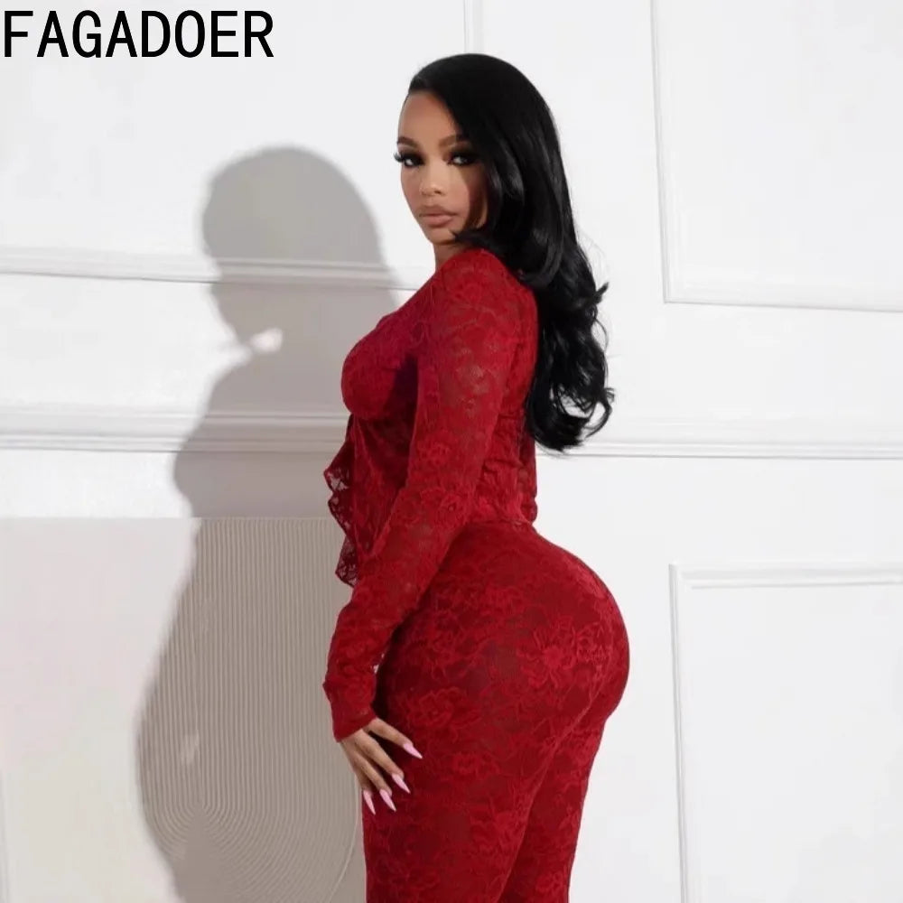 Long Sleeve Lace Up Crop Top + Bodycon Pants Suits Female Streetwear New
