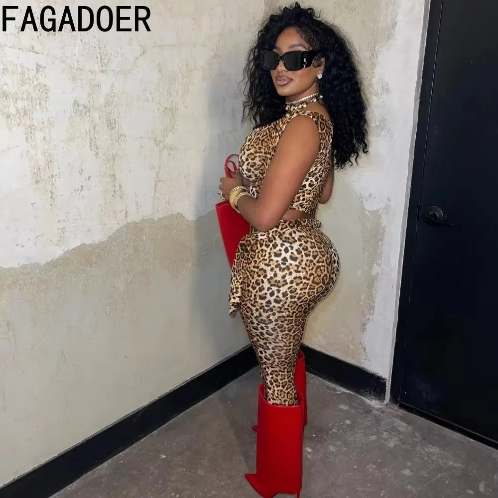 Sexy Leopard Print 2 Piece Sets Sleeveless Crop Top + Pants Suit Streetwear 2025