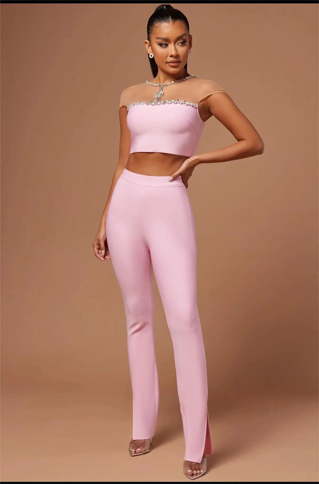 2023 New Fashion Pink Color Women Party Set