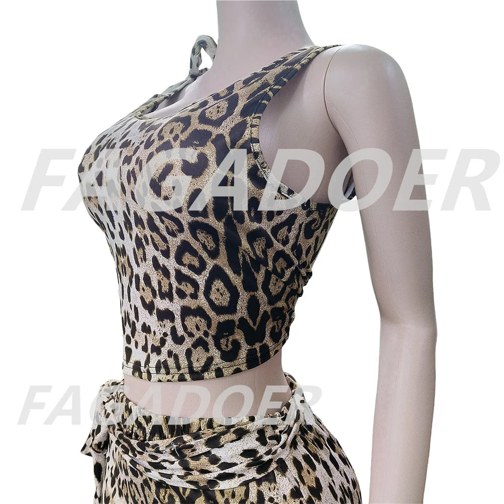 Sexy Leopard Print 2 Piece Sets Sleeveless Crop Top + Pants Suit Streetwear 2025